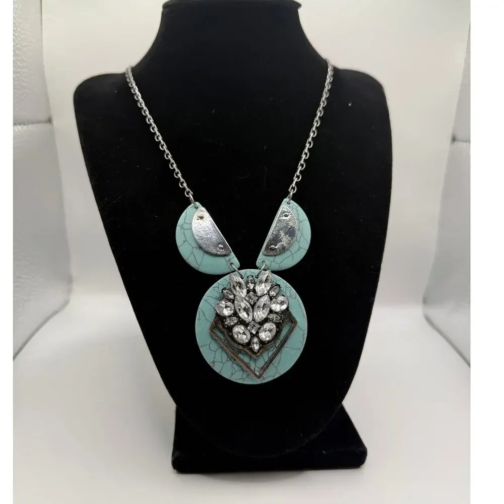 Turquoise Circle Geometric Statement Necklace Silver Chain